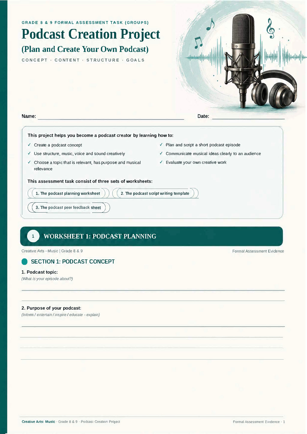 Digital product: Grade 8 & 9 Podcast Creation - Formal Assessment Task