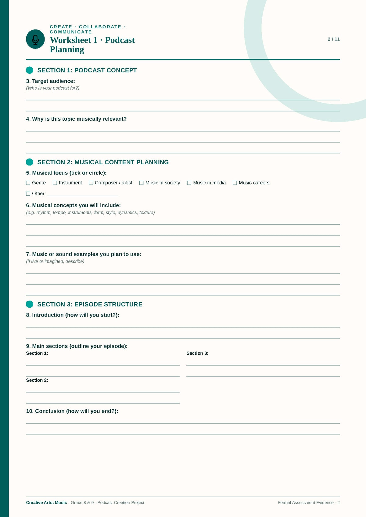 Digital product: Grade 8 & 9 Podcast Creation - Formal Assessment Task