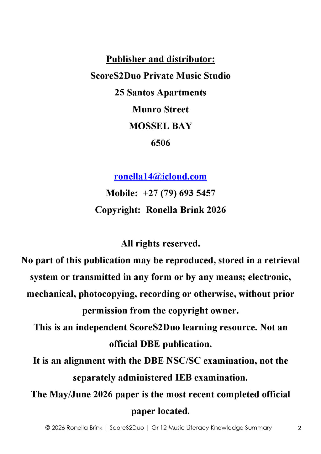 Grade 12 Music Literacy – Summary of Knowledge 2026 | CAPS/DBE NSC/SC Aligned (Paper 1, Section A – WAM)