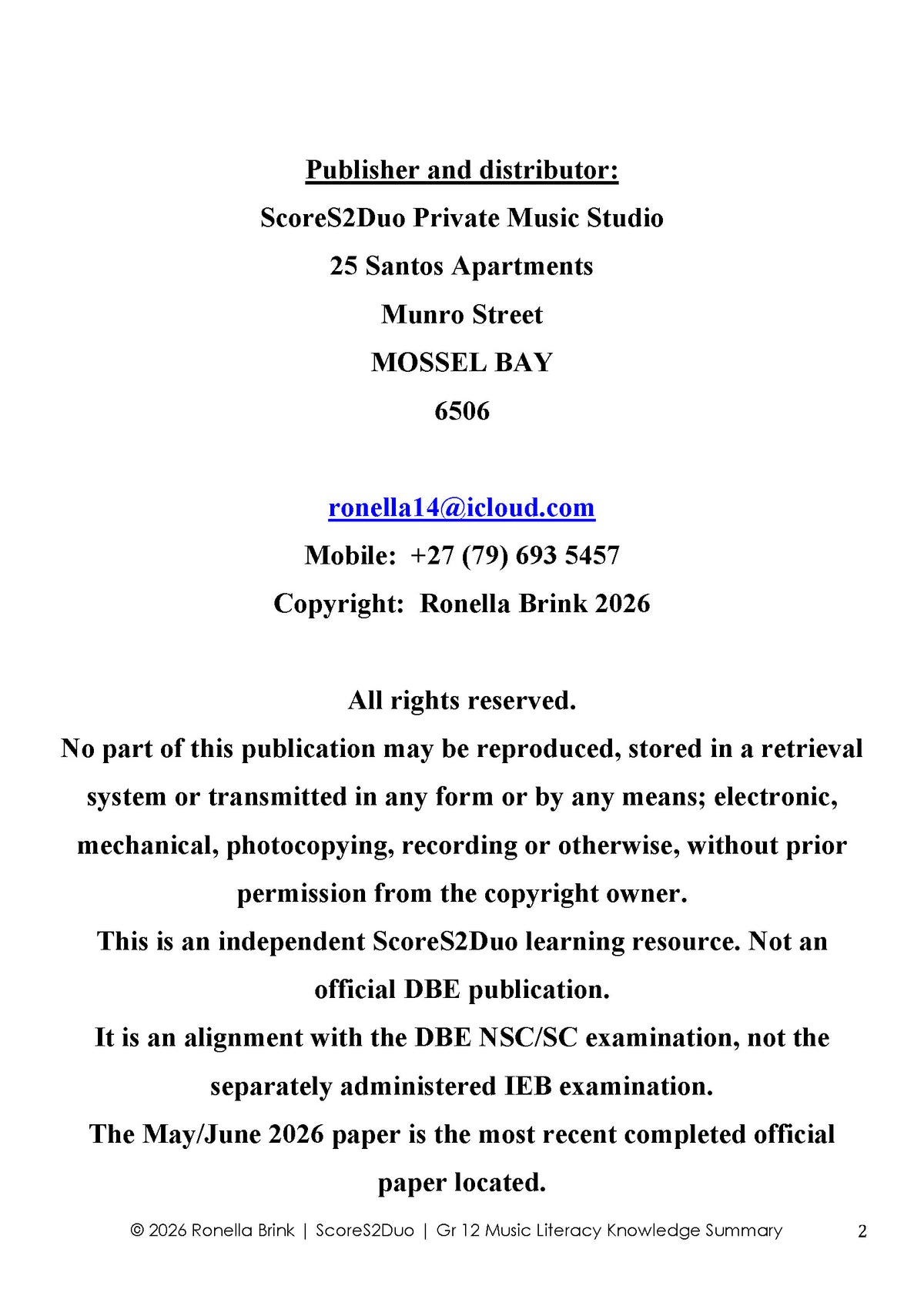 Grade 12 Music Literacy – Summary of Knowledge 2026 | CAPS/DBE NSC/SC Aligned (Paper 1, Section A – WAM)