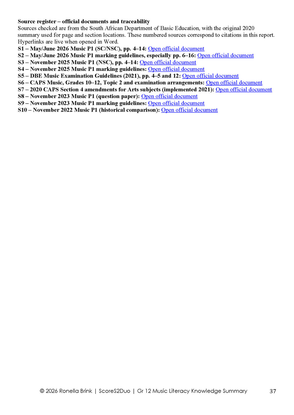 Grade 12 Music Literacy – Summary of Knowledge 2026 | CAPS/DBE NSC/SC Aligned (Paper 1, Section A – WAM)