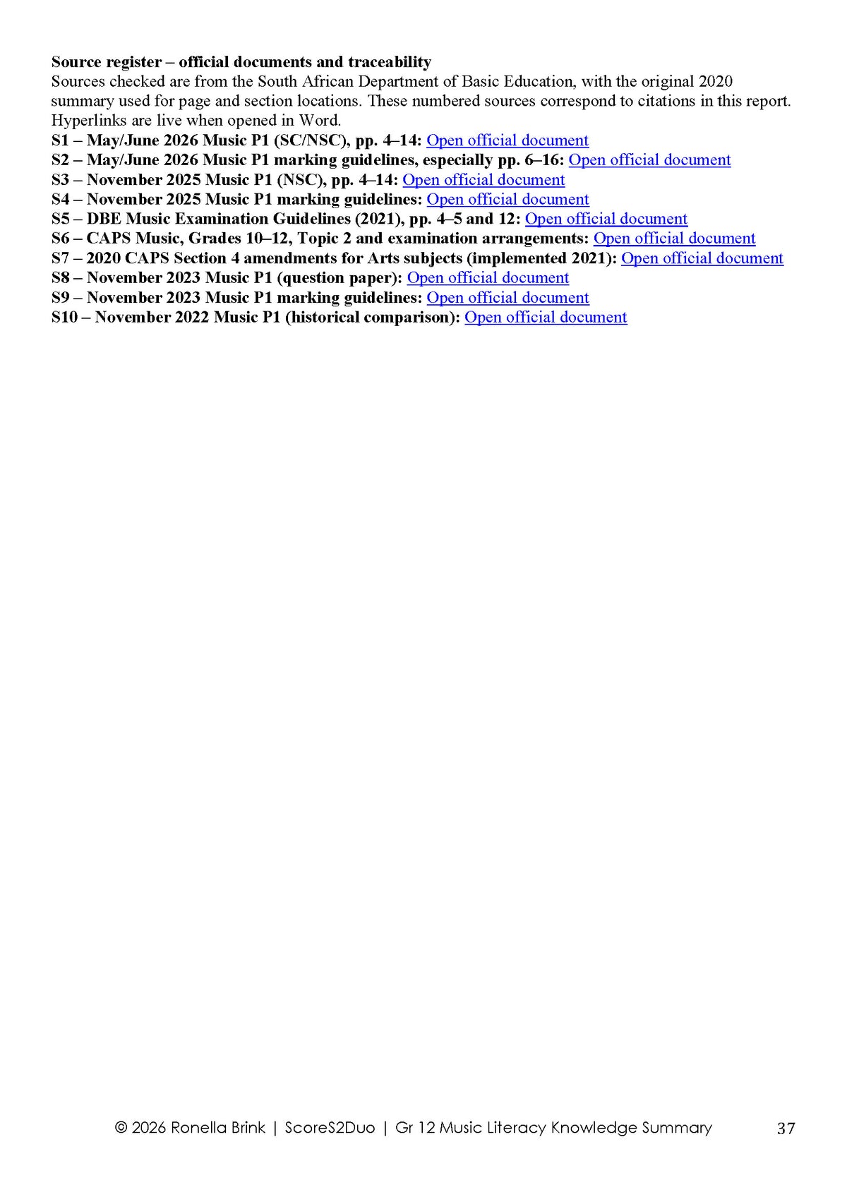 Grade 12 Music Literacy – Summary of Knowledge 2026 | CAPS/DBE NSC/SC Aligned (Paper 1, Section A – WAM)