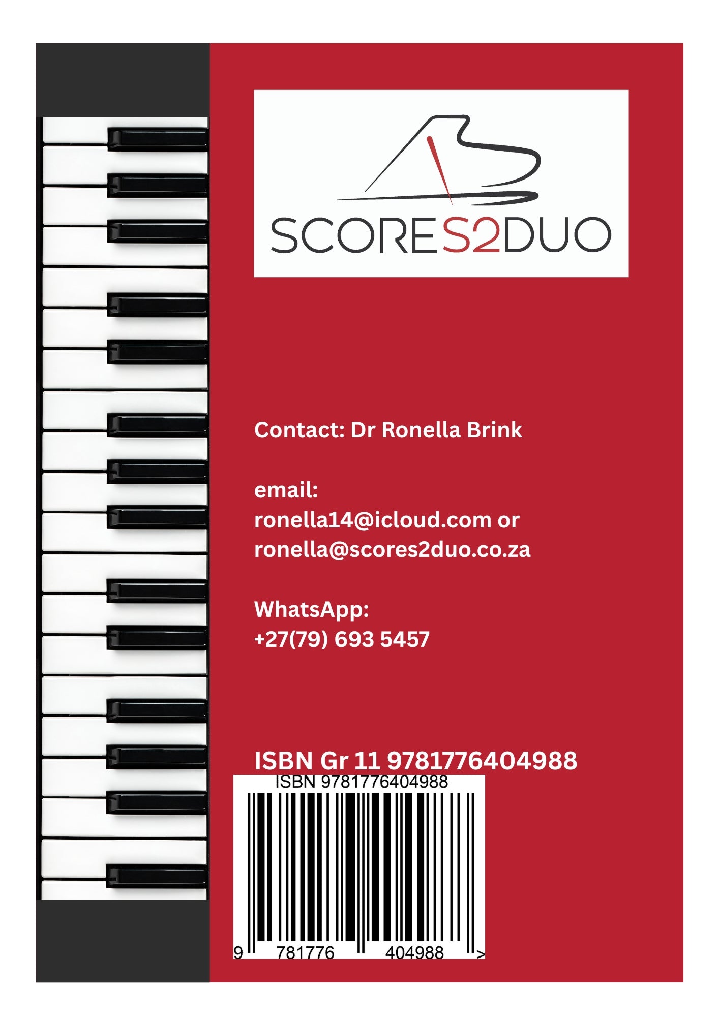 A flat rectangular cover design with a red background, a piano keyboard graphic along the left edge, and the visible brand name SCORE2DUO at the top. Contact details, ISBN information, and a barcode are printed on the cover.
